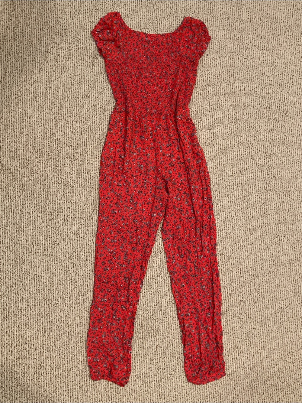Red Floral Jumpsuit with Puff Sleeves